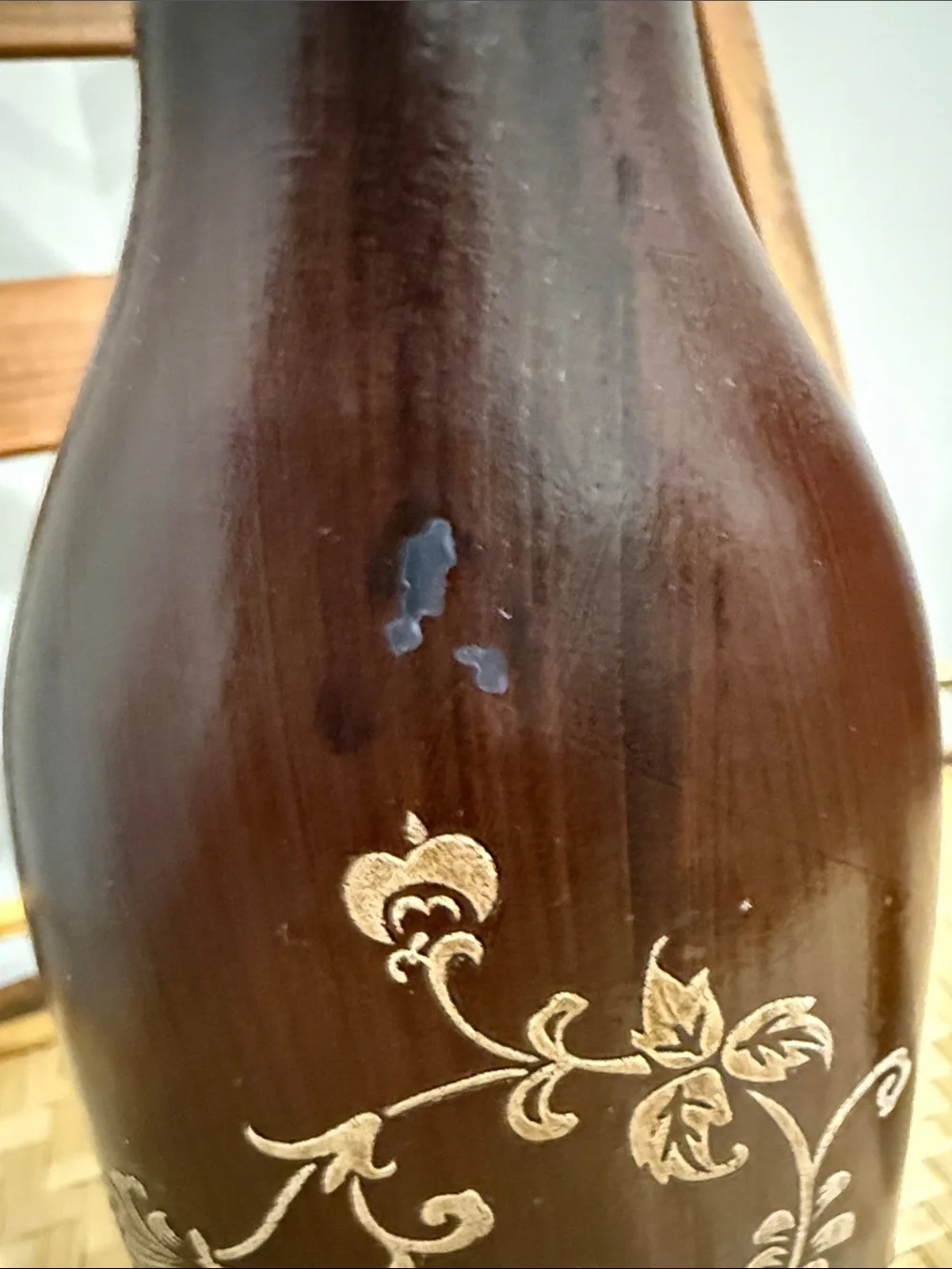 Vintage Faux Wood Grain Ceramic Vase Set Brown & Olive Green Gold Floral Boho MC